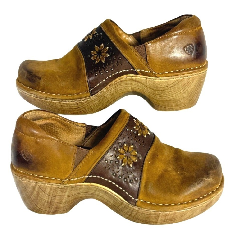 Ariat Women's Brown Leather 8.5  Clog Heels with Floral Accent